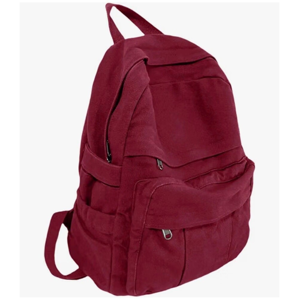 Burgundy Red Canvas Backpack Multi Pocket School Travel Book Bag Retro Casual